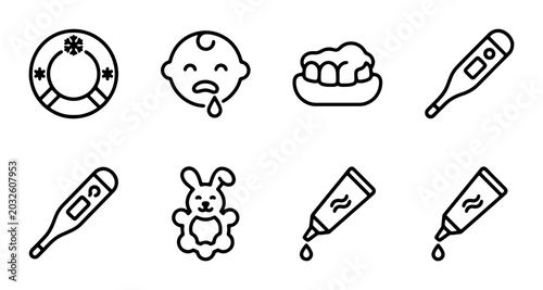 Baby Care Icons Set: Thermometers, Teether, Nasal Aspirator, Pacifier, Toy