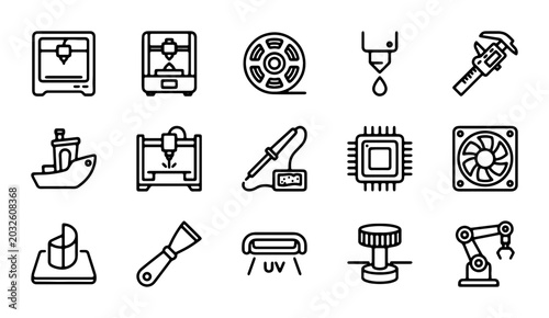3D Printing Icons Set: Technology, Manufacturing, Innovation, Tools, Components