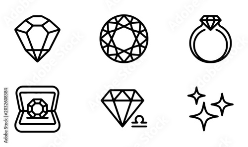 Foto Gemstone Icons Set: Diamond Ring, Jewelry Box, Sparkle, Gem Cuts, Luxury Symbols