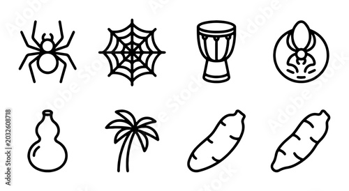 Fotografía African Tribal Icons: Spider, Drum, Palm Tree, Gourd, Cassava, Symbols Set