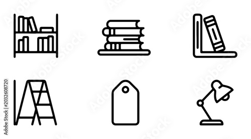 Canvas Print Bookstore Icons Set: Shelves, Stack, Ladder, Lamp, Tag, Vector Graphics for Educ