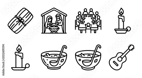 Fotografi Christmas Nativity Scene Icons, Festive Family Meal, Candles, Tamale, Guitar, So