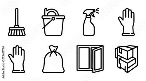 Bild auf Leinwand Cleaning Icons Set: Broom, Bucket, Spray Bottle, Gloves, Trash Bag, Window, Boxe