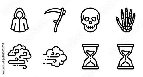 Bild auf Leinwand Grim Reaper Icons, Skull, Skeleton Hand, Hourglass, Wind, Clouds, Vector Set for