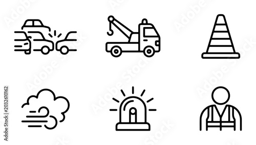 Foto Car Accident Icons, Tow Truck, Traffic Cone, Wind, Siren, Worker, Emergency Vect
