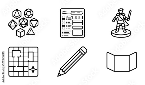 Bild auf Leinwand Role Playing Game Icons: Dice, Character Sheet, Miniature, Map, Pencil, Screen