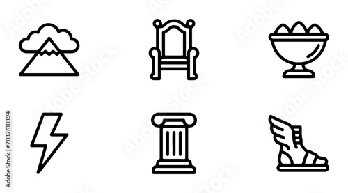 Foto Ancient Greek Mythology Icons Set, Olympus Gods Symbols, Zeus Lightning, Winged
