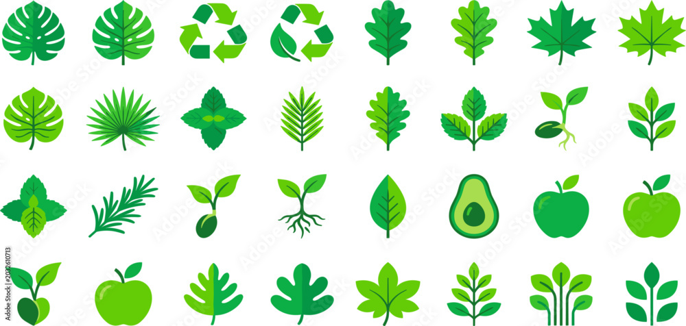 Fototapeta premium Comprehensive Green Nature Icon Set Featuring Diverse Leaf Shapes Recycling Symbols Fruits and Seedlings for Eco Friendly Branding Environmental Conservation and Sustainable Design Projects