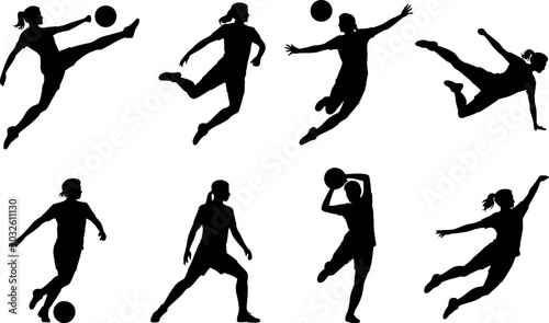 Bild auf Leinwand Collection of dynamic black silhouettes of female athletes engaged in various so