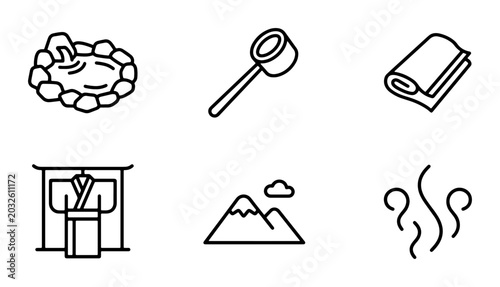 Fotografie Japanese Onsen Icons: Hot Spring, Yukata, Towel, Mountain, Steam, Bathing Set