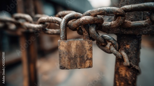 Close-up of rusty metal chains with padlock locking a gate or fence in an outdoor industrial or urban setting