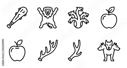 Obraz na płótnie Mythological Icons: Hercules Labor, Cerberus, Hydra, Apples, Antlers, Club