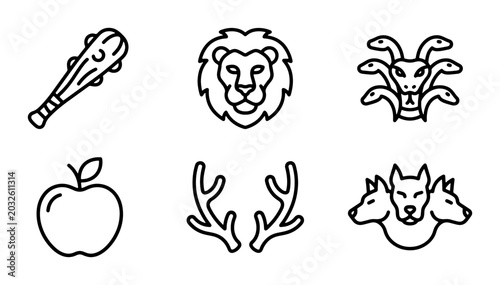 Foto Greek Mythology Icons: Hercules Labors, Cerberus, Hydra, Nemean Lion, Apple