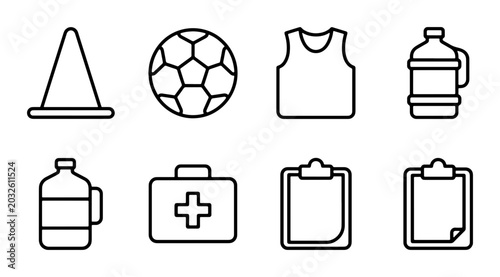Sports and Medical Icons Set: Soccer Ball, Water Jugs, First Aid Kit, Clipboard, Traffic Cone