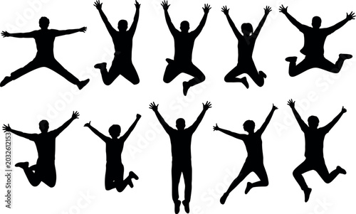 Konstfotografi Diverse group of people in silhouette performing energetic jumping poses conveyi