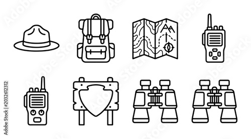 Cuadro en lienzo Outdoor Adventure Icons: Ranger Hat, Backpack, Map, Binoculars, Walkie-Talkie, S