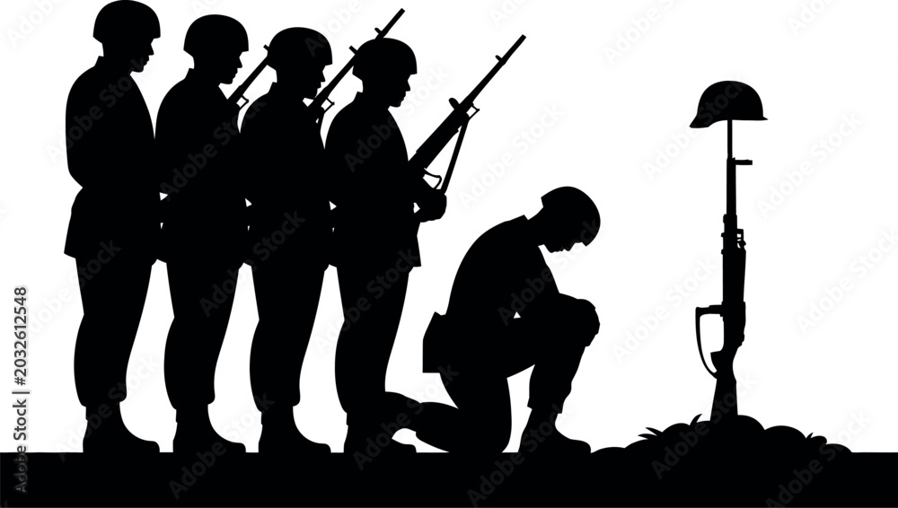 Fototapeta premium Soldiers in silhouette paying respects at a fallen comrades memorial with a rifle and helmet