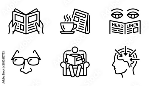 Reading Icons Set: Newspaper, Coffee, Eyes, Glasses, Person, Brain Stress, Vector Graphics