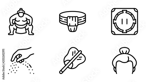 Tableau sur toile Sumo Wrestling Icons Set: Athlete, Mawashi Belt, Ring, Salt, Fan, Hairstyle Vect