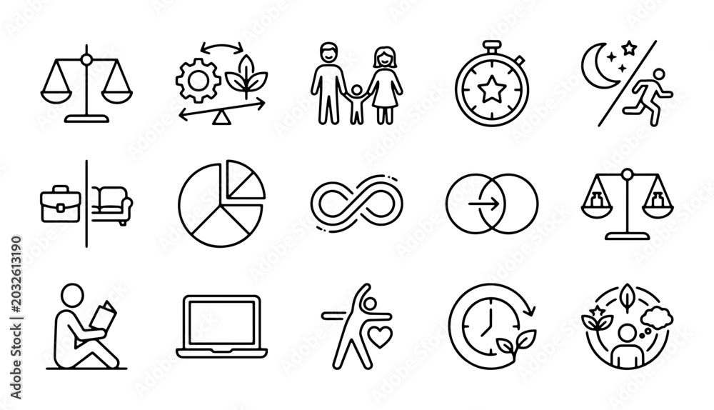 Fototapeta premium Balance Icons: Work Life, Health, Time, Family, Infinity, Scales, Pie Chart
