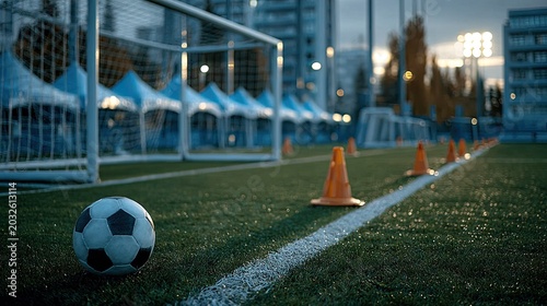 Soccer Goalpost On Artificial Turf Field With Cones And Soccer Ball At Practice Or Game Setting In Urban Environment