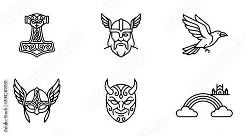 Quadro su tela Norse Mythology Icons: Thor's Hammer, Viking Helmets, Odin's Ravens, Mythical Ma