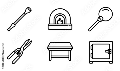 Bild auf Leinwand Glassblowing Tools Set, Furnace, Magnifier, Pliers, Table, Kiln Icons