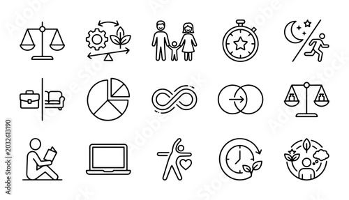Balance Icons: Work Life, Health, Time, Family, Infinity, Scales, Pie Chart