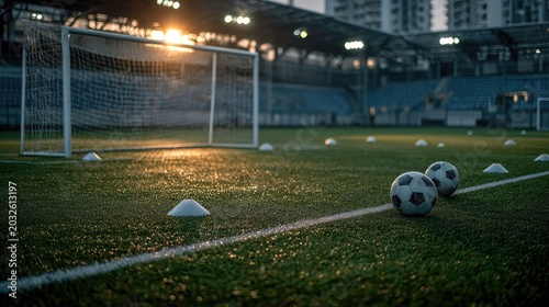 Soccer Field with Goalposts and Soccer Balls at Sunset, Night-time Sports Training and Practice on a Green Grass Stadium