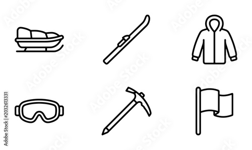Tableau sur toile Winter Sports Icons Set: Sled, Skis, Jacket, Goggles, Ice Axe, Flag