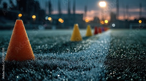 Outdoor sports training area with colorful cones on a synthetic turf field at dusk, preparing for athletic drills and physical fitness exercises