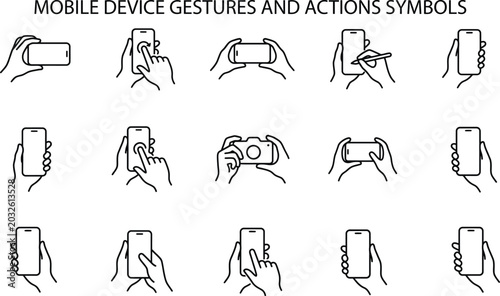 Set of mobile device gestures and actions icons, hand holding smartphone, touch screen interactions, vector line art illustration
