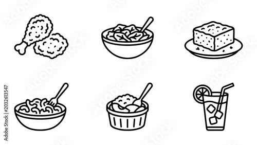 Obraz na plátně Comfort Food Icons: Fried Chicken, Macaroni, Dessert, Drink Vector Set