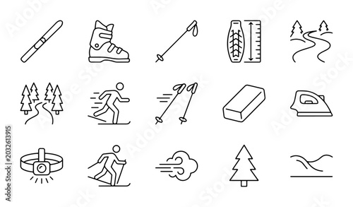 Foto Winter Sports Icons, Skiing Equipment Set, Outdoor Activity Graphics, Snow Mount