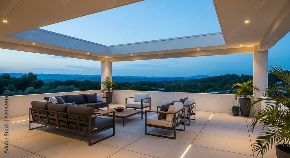 Obraz premium Modern Luxury Rooftop Terrace with Outdoor Furniture and Scenic View at Dusk