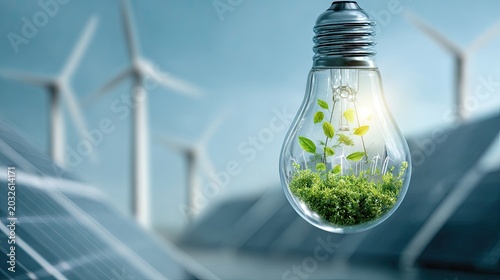 Eco-friendly Energy Conservation Concept with Light Bulb Containing Plant Life and Renewable Energy Wind Turbines and Solar Panels