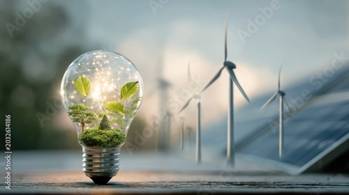 Eco-Friendly Energy Concept with Light Bulb Growing Plants and Wind Turbines in Renewable Power Environment