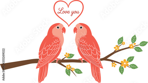 Bilde på lerret Cute Red Lovebirds Parrot Couple Sitting on Blooming Tree Branch with Yellow Flo