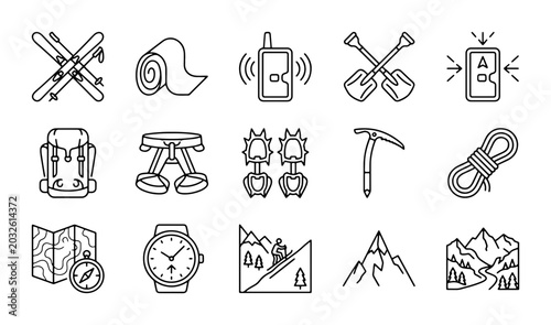 Foto Mountain Climbing Gear Icons Set, Outdoor Adventure Equipment Vector Collection,
