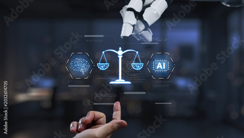 Tableau sur toile A robotic hand interacts with a digital representation of scales of justice, symbolizing the integration of artificial intelligence in modern legal practices and future innovations