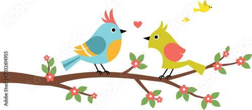 Bilde på lerret Cute Lovebirds Couple Sitting on Flowering Tree Branch with Red Blossoms and Tin