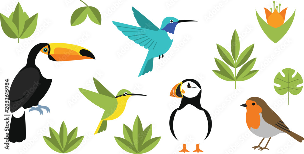 Fototapeta premium Exotic and Wild Birds Vector Element Set Featuring Toucan, Hummingbirds, Puffin, and Robin with Tropical Green Leaves for Nature Greeting Designs
