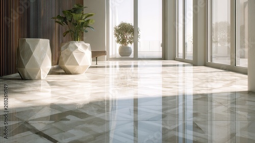 Bright modern indoor space with large glass windows, decorative planters, and polished marble floor, natural sunlight illumination, contemporary interior design