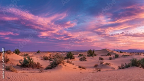 Sunset over expansive desert landscape with sand dunes and sparse bushes under vibrant pink and purple sky