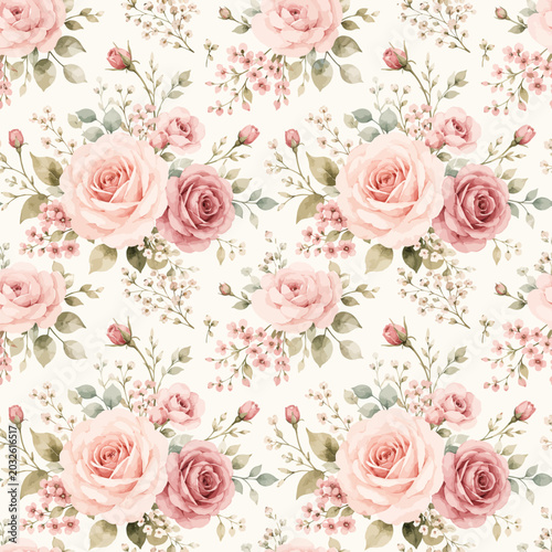 Cuadro en lienzo Pink floral pattern with roses and leaves