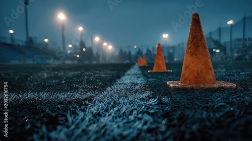 Foggy road at dawn with traffic cones, wet asphalt surface, streetlights, and distant cityscape under cloudy sky, moody urban scene