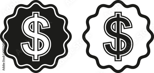 Dollar sign price badge icon set, black and white money label symbols, financial emblem design, vector illustration