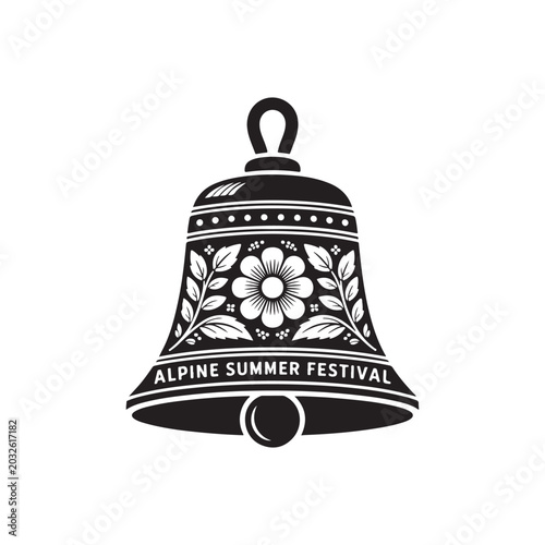 Decorative Monochrome Switzerland Alpine Summer Festival Vector Illustration – Traditional Swiss Cowbell with Engraved Alpine Floral Carvings and Ornamental Folk-Art Details
