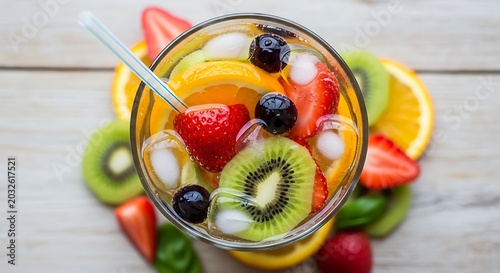 Refreshing fruit infused water with strawberries, kiwi, orange and blueberries