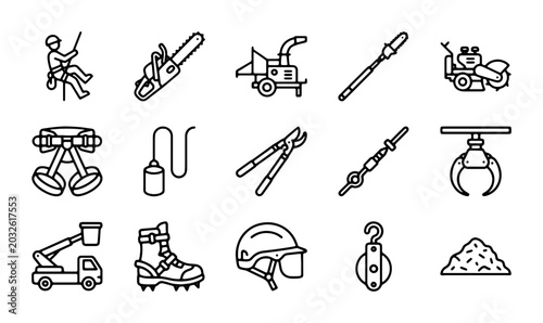 Foto Arborist Tools and Equipment Icons, Safety Gear, Forestry, Tree Care Vector Set